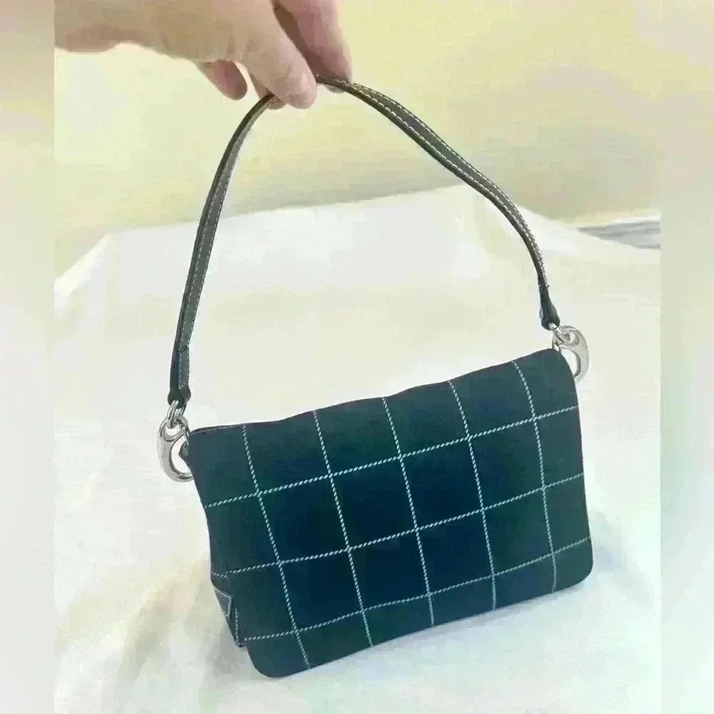 Nautica Navy Blue Windowpane Grid Canvas Baguette Shoulder Bag